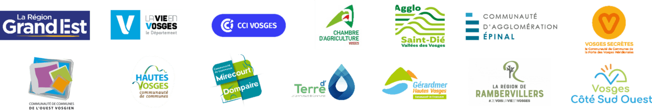bloc financeurs Vosges&co : Région Grand Est, Conseil départemental des Vosges, CCI Vosges, Chambre d'Agricutlure des Vosges CA de Saint-Dié-des-Vosges, CA d'Epinal, CC de la porte des Vosges méridionales, CC de l'ouest vosgien, CC des Hautes Vosges, CC Mirecourt Dompaire, CC Terre d'EAu, CC Gérardmer hautes-vousges, CC de la Région de Rambervillers, CC Vosges Côté Sud ouest